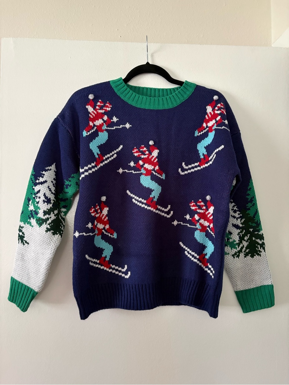 32 Degrees Navy Crewneck Sweater with Green Trim & Ski Motif